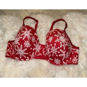 Cacique Lined Full Coverage Bra Underwire Cotton Snowflakes Womens 42DD Red